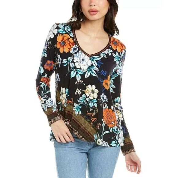 JOHNNY WAS Golden Spring Favorite Long Slv V-neck Swing Tee Bamboo Top - Picture 2 of 11